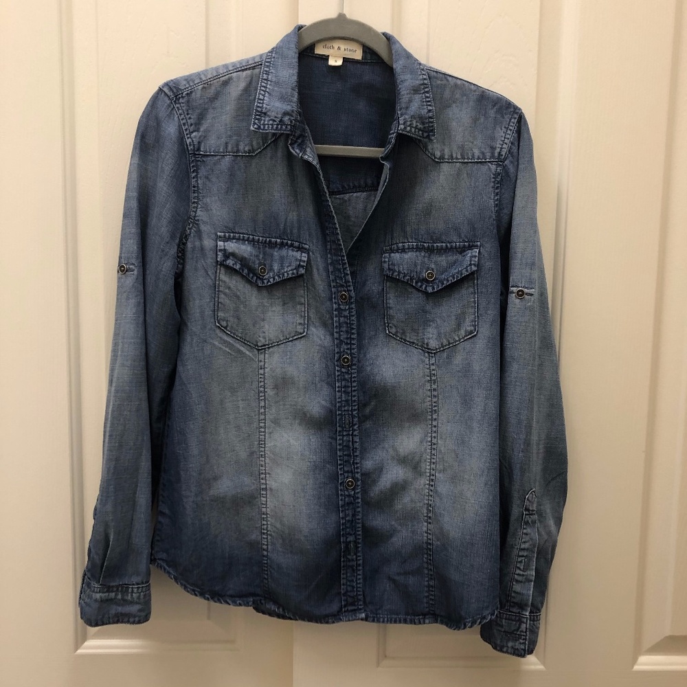 Anthro Cloth & Stone Distressed Chambray shirt